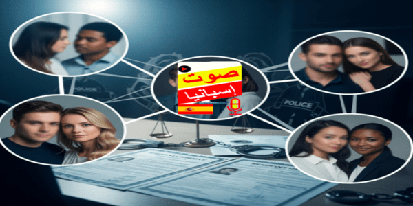 صورة مفاهيمية لشبكة زواج وهمي، تُظهر أزواجًا وجوازات سفر ووثائق إقامة مع رموز الشرطة وأصفاد، تعكس عملية تفكيك شبكة إجرامية.