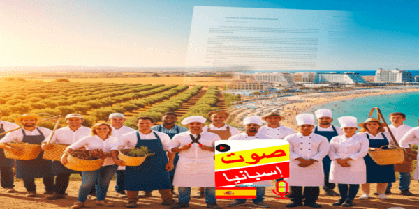 مجموعة متنوعة من العمال الموسميين في إسبانيا، يجمعون بين عمال الزراعة والطهاة، مع خلفية تجمع بين حقول الزيتون والشاطئ ووثيقة عقد عمل.