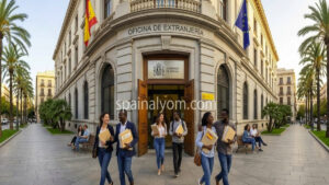 لقطة بانورامية لمبنى مكتب الهجرة في إسبانيا مع أشخاص يخرجون بملفات رسمية وعلامة مائية spainalyom.com.