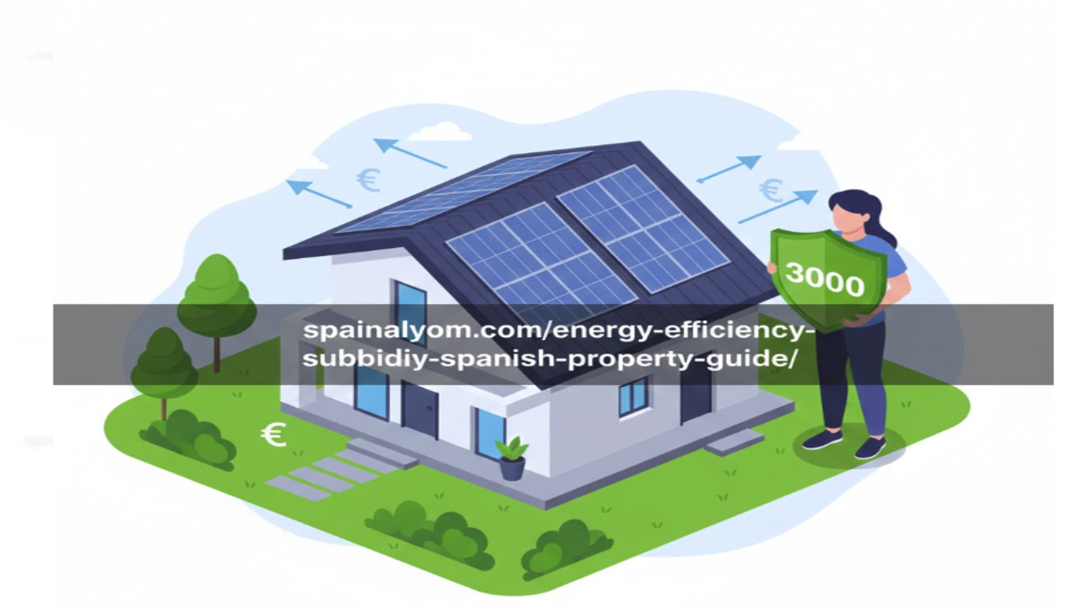منزل حديث مزود بألواح شمسية يوضح منحة كفاءة الطاقة في إسبانيا بقيمة 3000 يورو مع رابط spainalyom.com.