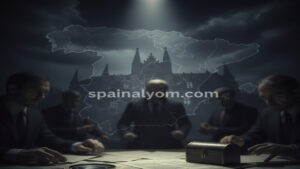 مشهد استقصائي غامض يظهر خريطة إسبانيا وشخصيات مظللة ووثائق سرية، يرمز لتحقيقات فضيحة جيفري إبستين.