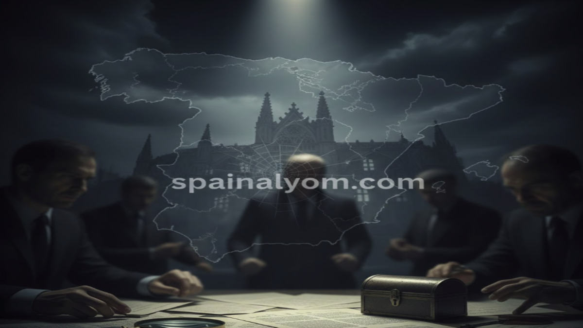 مشهد استقصائي غامض يظهر خريطة إسبانيا وشخصيات مظللة ووثائق سرية، يرمز لتحقيقات فضيحة جيفري إبستين.