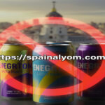 مشروبات طاقة متنوعة وعلامة حظر حمراء في إسبانيا مع شعار صوت إسبانيا