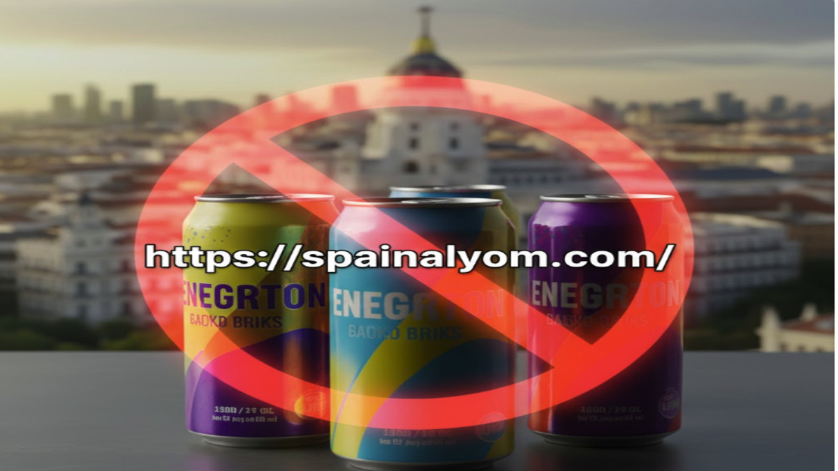مشروبات طاقة متنوعة وعلامة حظر حمراء في إسبانيا مع شعار صوت إسبانيا