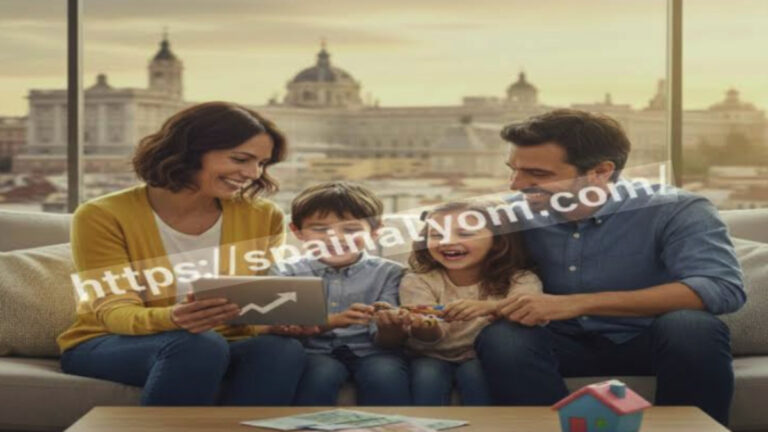 عائلة إسبانية سعيدة مكونة من أب وأم وطفلين يجلسون في المنزل ويتابعون الرسوم البيانية للمنح المالية الجديدة في إسبانيا مع رابط موقع spainalyom.com.