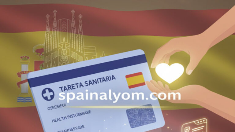 تصميم إبداعي يوضح بطاقة التأمين الصحي الإسبانية ووثائق لتسجيل الأسرة ضمن تحديثات قانون الصحة