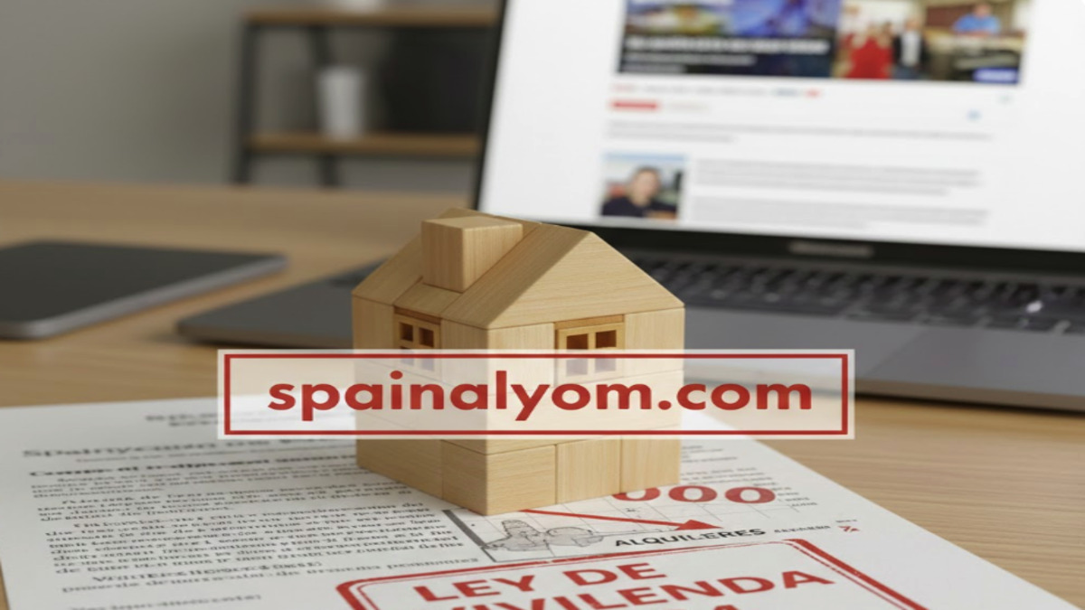 مجسم منزل خشبي فوق وثائق قانون الإسكان الإسباني الجديد وتأثيره على الإيجارات.