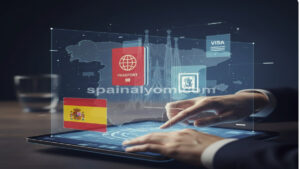 واجهة رقمية تعرض أيقونات جواز سفر وتأشيرة إسبانية، ترمز لتحديث قوانين الهجرة والإقامة والجنسية في إسبانيا.