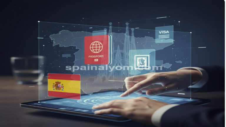 واجهة رقمية تعرض أيقونات جواز سفر وتأشيرة إسبانية، ترمز لتحديث قوانين الهجرة والإقامة والجنسية في إسبانيا.