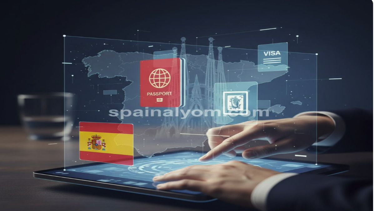 واجهة رقمية تعرض أيقونات جواز سفر وتأشيرة إسبانية، ترمز لتحديث قوانين الهجرة والإقامة والجنسية في إسبانيا.