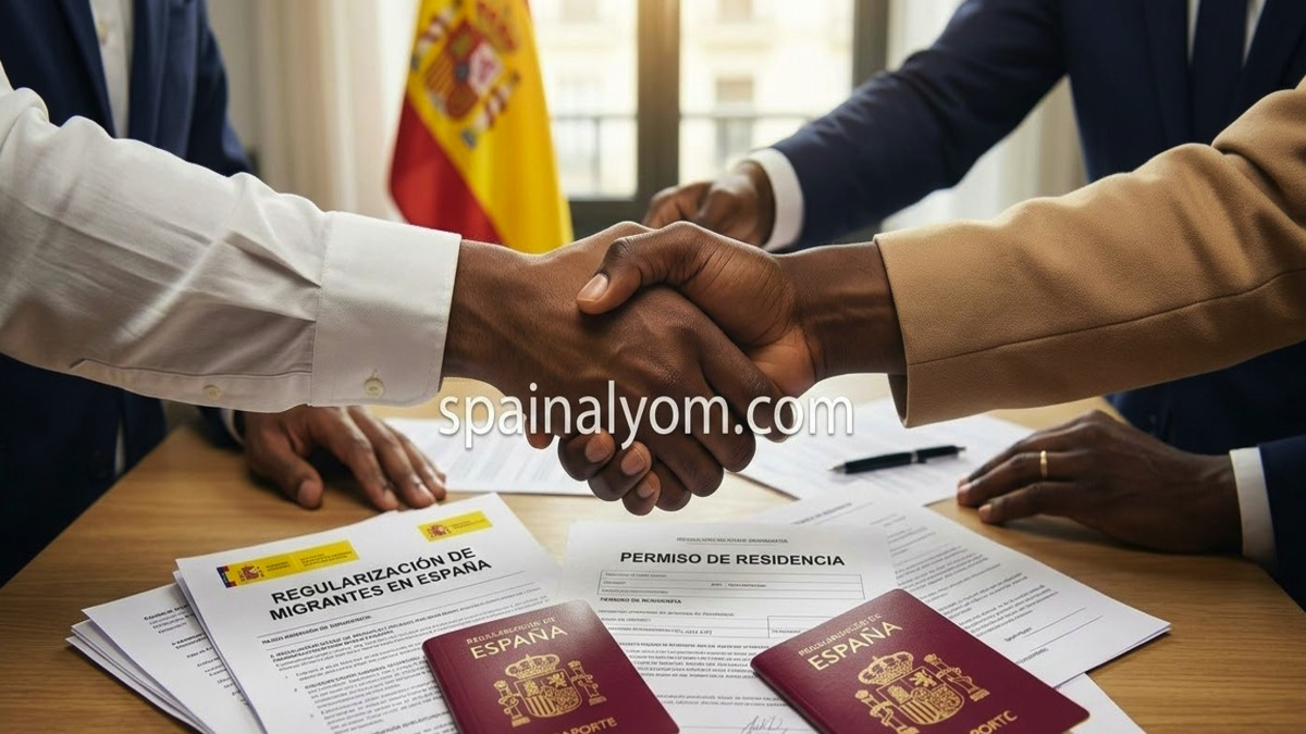 اتفاق رسمي لتسوية أوضاع المهاجرين في إسبانيا مع علامة مائية لموقع spainalyom.com.