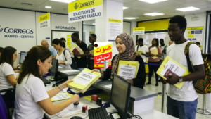 مهاجرون غير نظاميين يتقدمون بطلبات الإقامة في إسبانيا عبر مكتب بريد Correos في مدريد، ويقومون بتسليم وثائقهم للموظفين في مكتب استقبال منظم.