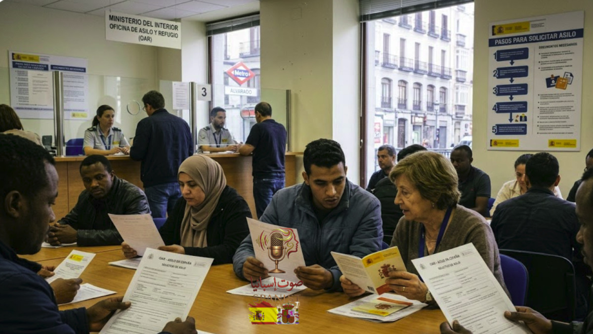 طالبو لجوء في إسبانيا يراجعون وثائقهم داخل مكتب اللجوء واللاجئين OAR في مدريد، Spanist.