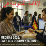 امرأة تستلم بطاقة إقامة قانونية في مكتب الأجانب بإسبانيا مع بيانات إحصائية