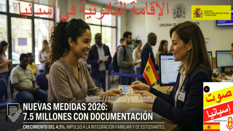 امرأة تستلم بطاقة إقامة قانونية في مكتب الأجانب بإسبانيا مع بيانات إحصائية