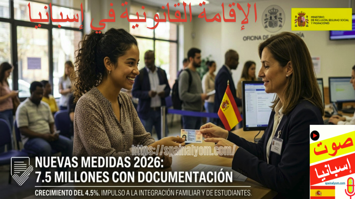 امرأة تستلم بطاقة إقامة قانونية في مكتب الأجانب بإسبانيا مع بيانات إحصائية