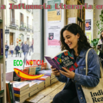 قارئة شابة تتصفح روايات متنوعة من إصدارات دور النشر الإسبانية والشركات الكبرى مثل Penguin وPlaneta، مما يبرز نفوذ الأنداي في السوق الأدبي.