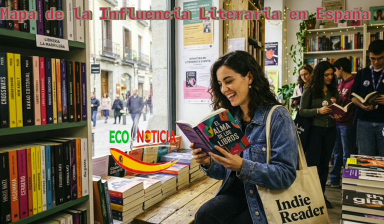 قارئة شابة تتصفح روايات متنوعة من إصدارات دور النشر الإسبانية والشركات الكبرى مثل Penguin وPlaneta، مما يبرز نفوذ الأنداي في السوق الأدبي.