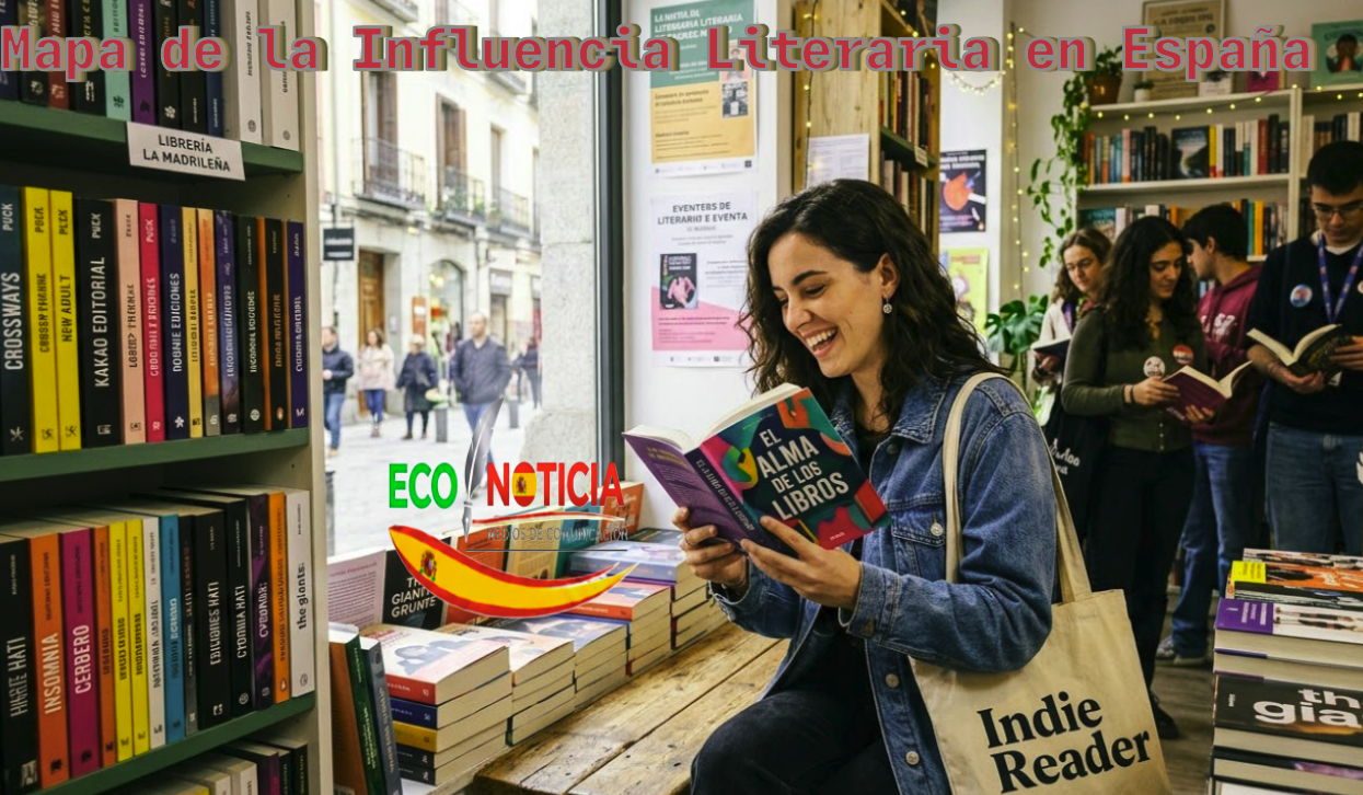 قارئة شابة تتصفح روايات متنوعة من إصدارات دور النشر الإسبانية والشركات الكبرى مثل Penguin وPlaneta، مما يبرز نفوذ الأنداي في السوق الأدبي.