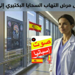 طبيبة إسبانية في مستشفى حديث بمدريد تتابع تقارير طبية رقمية مع خلفية لأفق المدينة والعلم الإسباني وتصور لبكتيريا السحايا