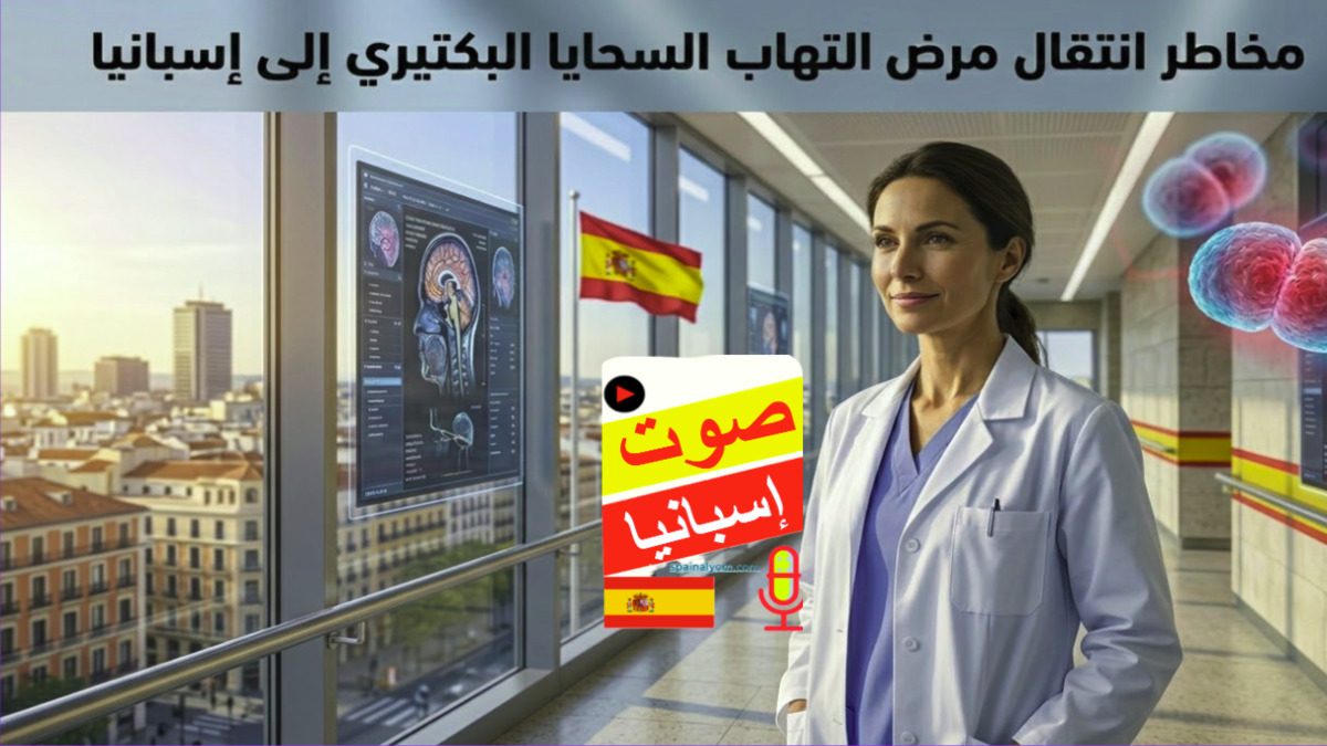 طبيبة إسبانية في مستشفى حديث بمدريد تتابع تقارير طبية رقمية مع خلفية لأفق المدينة والعلم الإسباني وتصور لبكتيريا السحايا