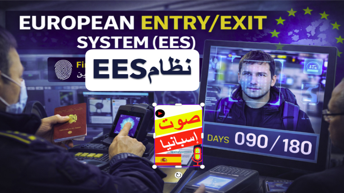 نظرة عامة شاملة على عملية نظام EES الأوروبي في إسبانيا، تُظهر مسح بصمات الأصابع، التعرف على الوجه، ورسماً توضيحياً لحساب قاعدة 90/180 يوماً.