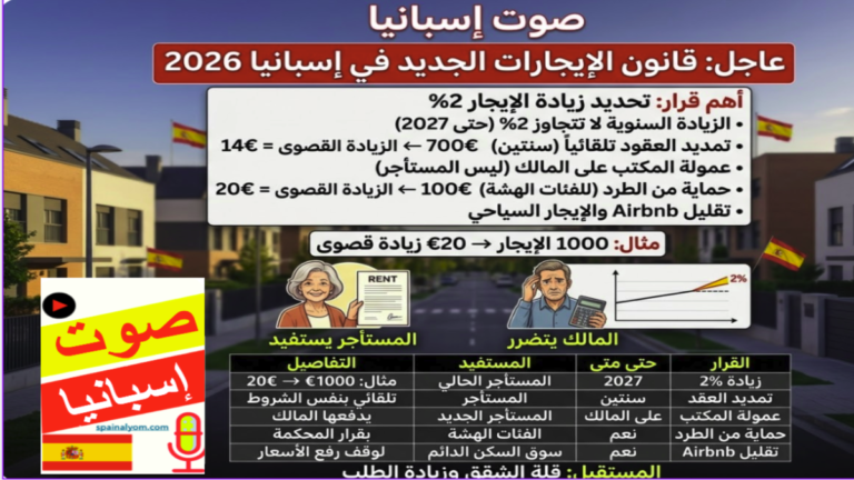 إنفوجرافيك يشرح قانون الإيجارات الجديد في إسبانيا 2026، يوضح تحديد زيادة الإيجار بنسبة 2%، تمديد العقود تلقائياً، وإعفاء المستأجر من عمولة المكتب العقاري.