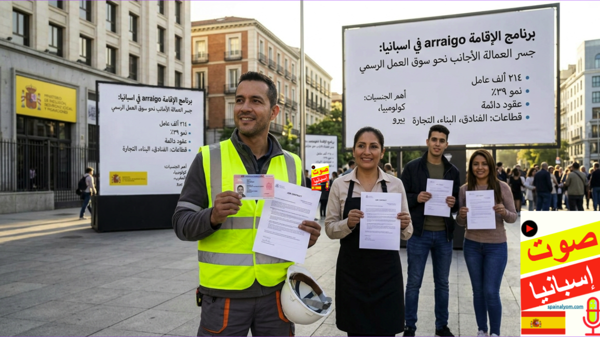 مهاجرون في إسبانيا يحملون عقود عمل رسمية وتصاريح برنامج الإقامة arraigo في اسبانيا أمام مبنى حكومي