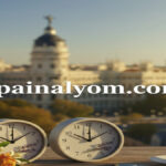ساعتان ومنبه يوضحان تغيير التوقيت الصيفي في إسبانيا 2026 مع خلفية لمدينة مدريد ورابط موقع spainalyom.com.