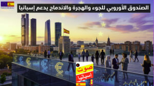 إنفوجرافيك يوضح دعم الصندوق الأوروبي للجوء والهجرة والاندماج لدولة إسبانيا مع خلفية لأفق مدريد