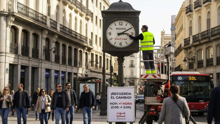 فني يقوم بتقديم عقارب الساعة في مدريد معلناً بدء التوقيت الصيفي في إسبانيا، وشعار صوت إسبانيا يظهر على الساعة