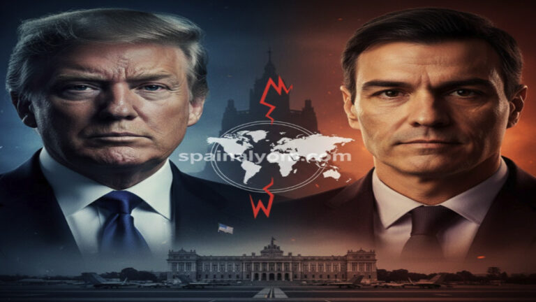 ترامب يهدد أسبانيا بصورة تجمع الرئيس الأمريكي وبيدرو سانشيز مع خريطة توتر وقاعدة عسكرية، موقع spainalyom.com.