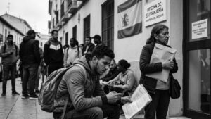Close-up showing a young man of North African descent anxiously holding his criminal record folder, outside a crowded Spanish "Oficina de Extranjería," with the 'صوت إسبانيا' (Sawt España) logo visible.