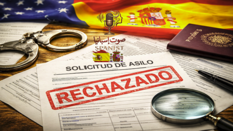 Rejected Spanish asylum application with documents, passport, handcuffs, and blurred Spanish and EU flags in the background.