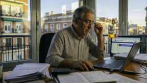 Un hombre autónomo revisando facturas y su declaración de la renta 2025-2026 frente a su ordenador en España.