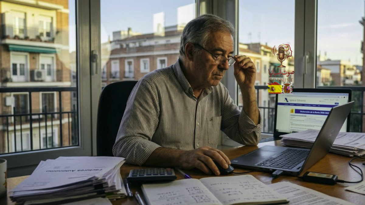 Un hombre autónomo revisando facturas y su declaración de la renta 2025-2026 frente a su ordenador en España.
