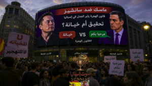 شاشة عملاقة في مدريد تعرض مواجهة بين إيلون ماسك وبيدرو سانشيز حول قانون الهجرة مع متظاهرين يحملون لافتات مؤيدة ومعارضة.