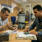 ضابط في مكتب الأجانب بإسبانيا يدقق في وثائق وجواز سفر مهاجر ضمن إجراءات فحص المهاجرين في إسبانيا الجديدة.