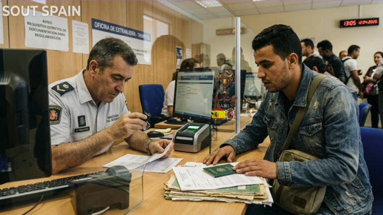 ضابط في مكتب الأجانب بإسبانيا يدقق في وثائق وجواز سفر مهاجر ضمن إجراءات فحص المهاجرين في إسبانيا الجديدة.
