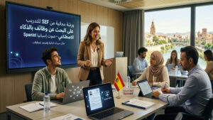 جانب من ورشة مجانية من SEF في مورسيا لتدريب الشباب على استخدام تقنيات الذكاء الاصطناعي في تطوير السيرة الذاتية والبحث عن عمل.