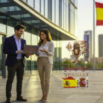 وافدون شباب يبحثون عن فرص العمل في إسبانيا للأجانب أمام مبنى شركات في مدريد.