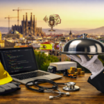 صورة تعكس سوق العمل في إسبانيا مع رموز المهن المختلفة في خلفية مدينة برشلونة