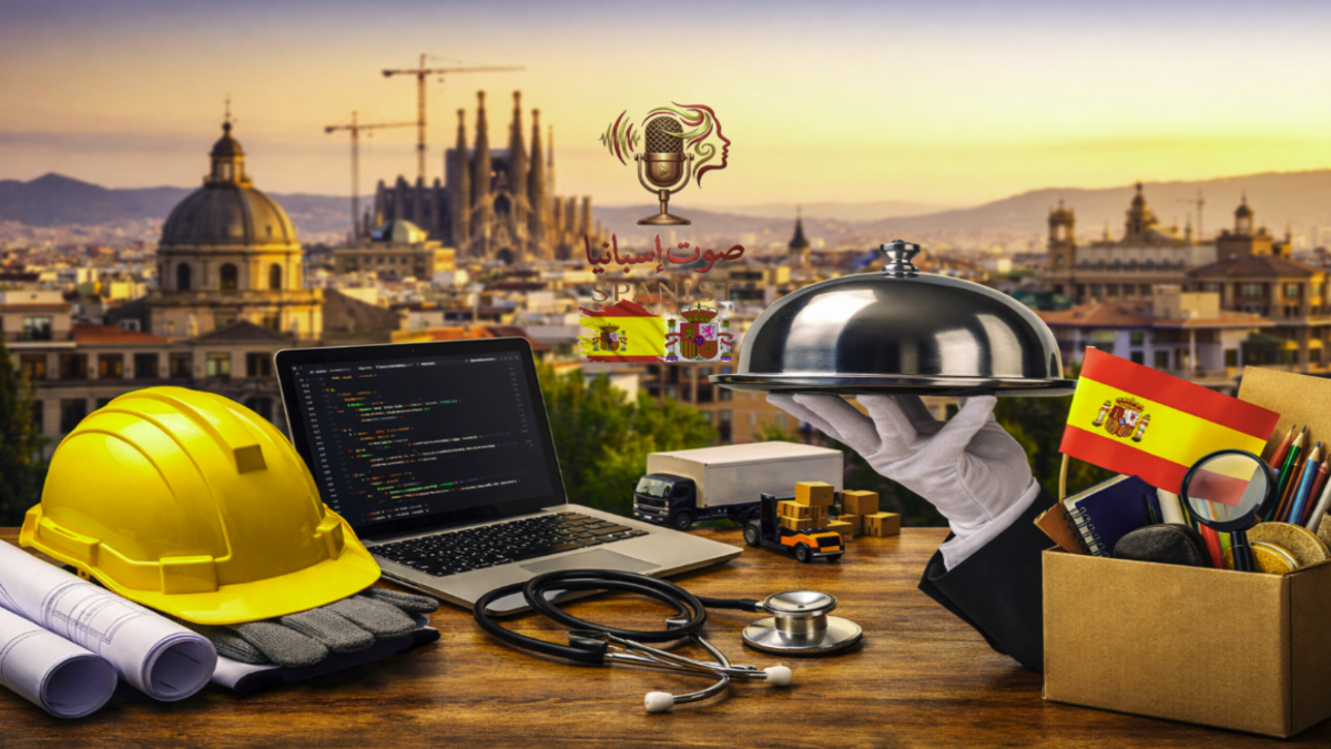 صورة تعكس سوق العمل في إسبانيا مع رموز المهن المختلفة في خلفية مدينة برشلونة