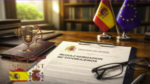 وثائق رسمية لتسوية أوضاع المهاجرين في إسبانيا مع أعلام إسبانيا والاتحاد الأوروبي على مكتب قانوني.