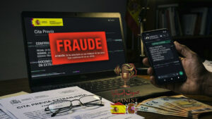 صورة تعبيرية توضح تحذير للمهاجرين في إسبانيا من عمليات الاحتيال في مواعيد الإقامة "Cita Previa" عبر رسائل وهمية وشاشات مزيفة.