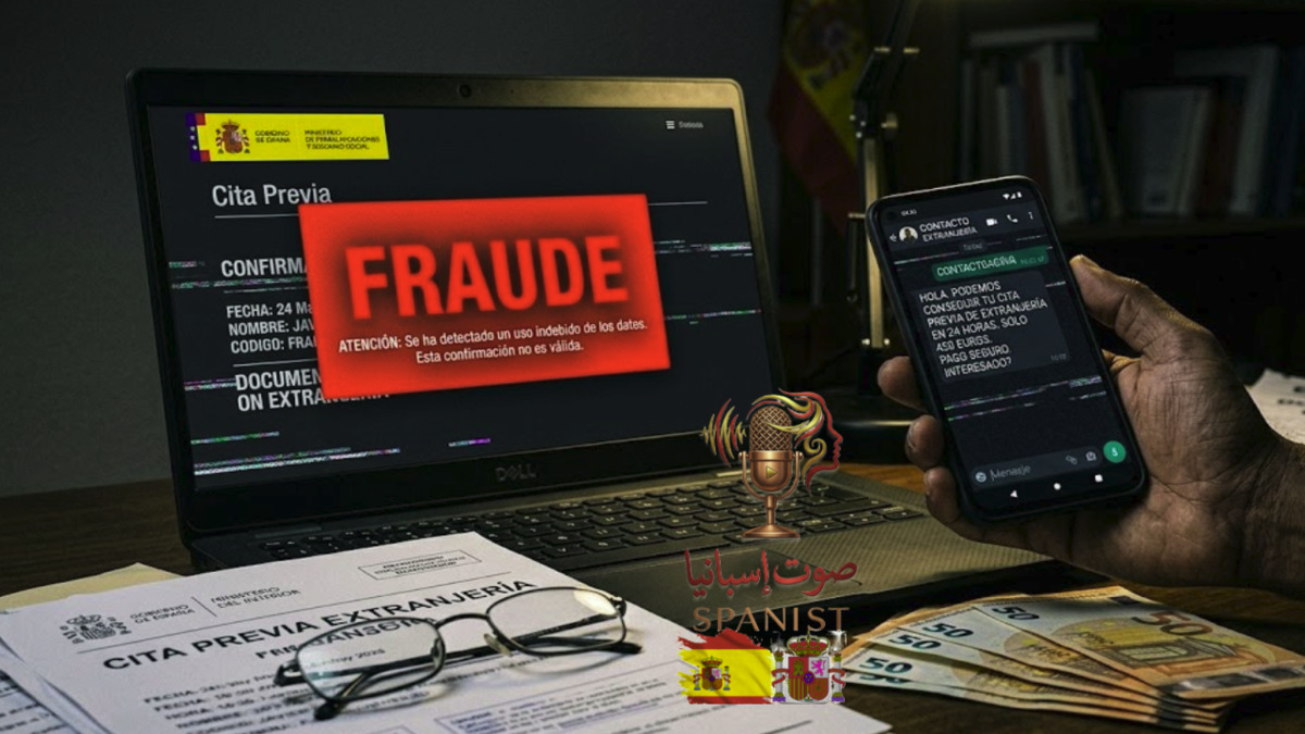 صورة تعبيرية توضح تحذير للمهاجرين في إسبانيا من عمليات الاحتيال في مواعيد الإقامة "Cita Previa" عبر رسائل وهمية وشاشات مزيفة.
