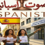 مهاجرون في إسبانيا يحملون وثائق الإقامة القانونية أمام مركز صحي ولوحة إعلانية تشير إلى حقوق النقل الجديدة، مع شعار صوت إسبانيا.