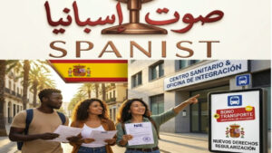 مهاجرون في إسبانيا يحملون وثائق الإقامة القانونية أمام مركز صحي ولوحة إعلانية تشير إلى حقوق النقل الجديدة، مع شعار صوت إسبانيا.