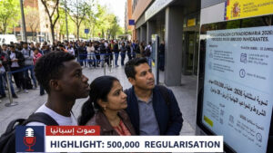 A diverse group of undocumented immigrants waits inside the Madrid Immigration Office ('Oficina de Extranjería') to submit paperwork for Spain's 2026 massive regularisation process of 500,000 people. A large sign in Spanish details the requirements and deadlines, while an official with a HIGRH NEWS vest assists a hopeful couple, highlighting the start of the historic event.