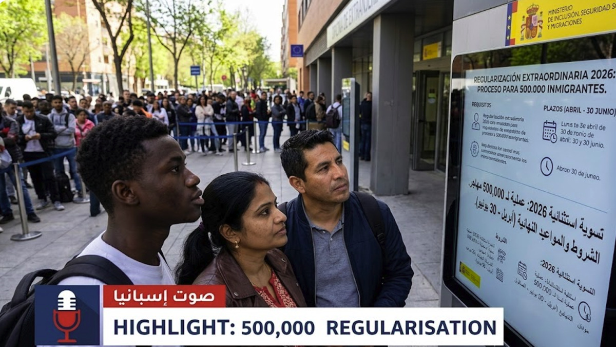 A diverse group of undocumented immigrants waits inside the Madrid Immigration Office ('Oficina de Extranjería') to submit paperwork for Spain's 2026 massive regularisation process of 500,000 people. A large sign in Spanish details the requirements and deadlines, while an official with a HIGRH NEWS vest assists a hopeful couple, highlighting the start of the historic event.